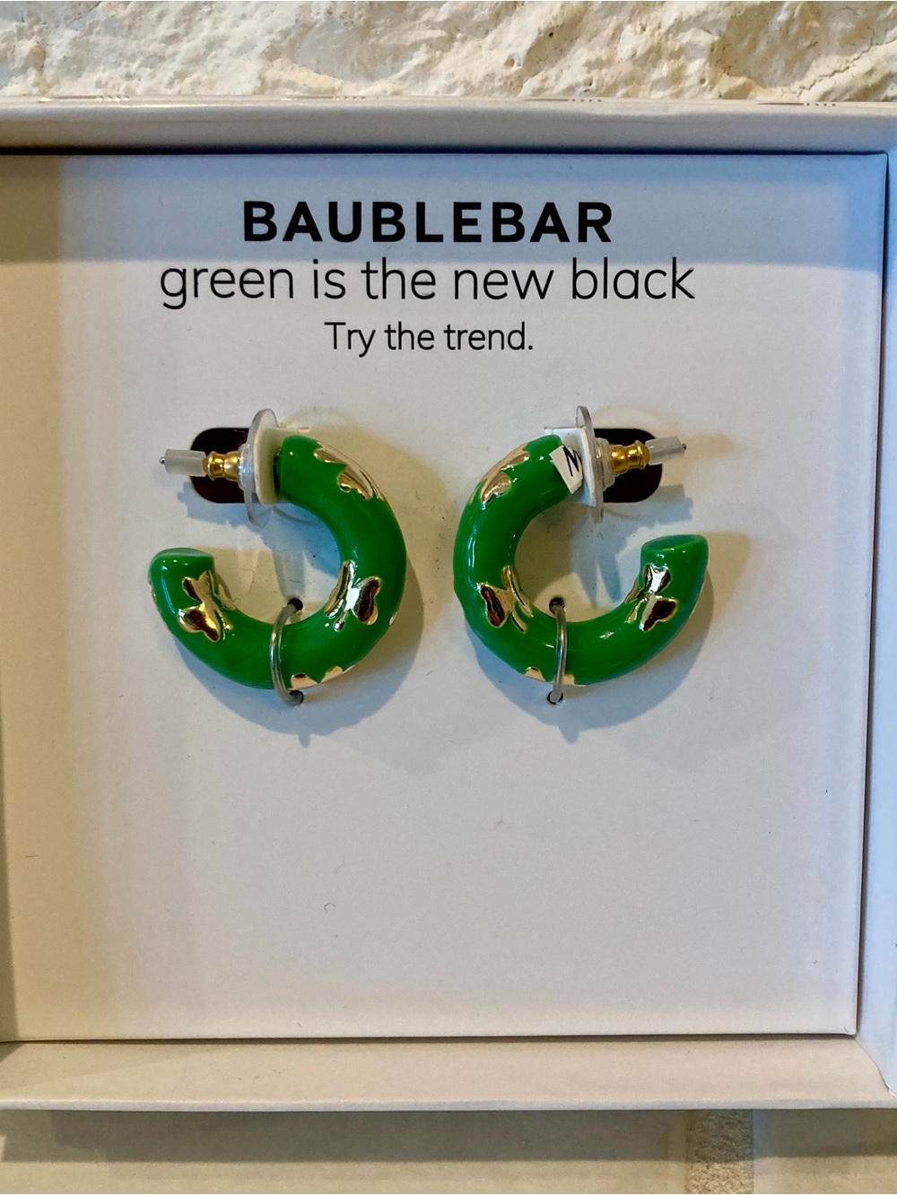 NWT and box BaubleBar โgreen is the new blackโ hoop earrings